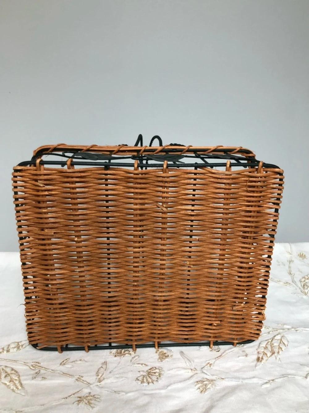 Vintage Wicker & Wrought Iron Oval Basket with Leaf Accents
